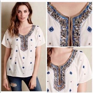 Anthropologie Embellished White and Blue Blouse
